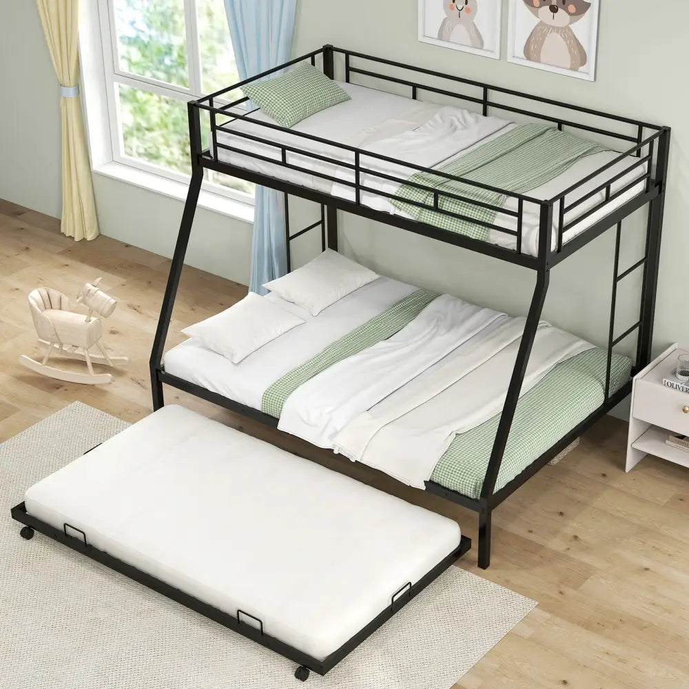 Twin Over Full Bunk Bed Frame with Trundle for Guest Room-Black - Black - Bunk Bed Frame