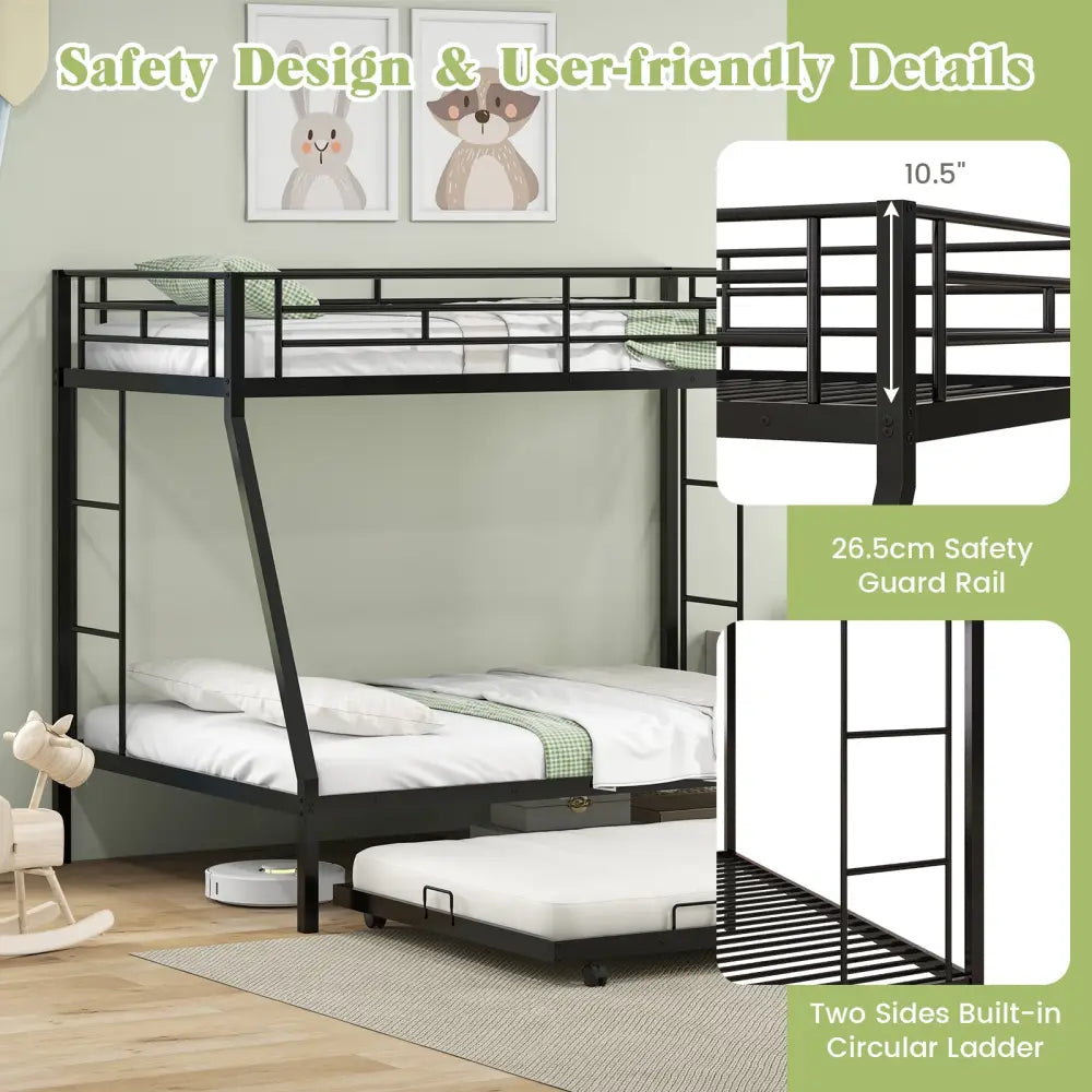 Twin Over Full Bunk Bed Frame with Trundle for Guest Room-Black - Black - Bunk Bed Frame