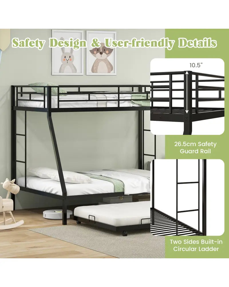 Twin Over Full Bunk Bed Frame with Trundle for Guest Room-Black - Black - Bunk Bed Frame