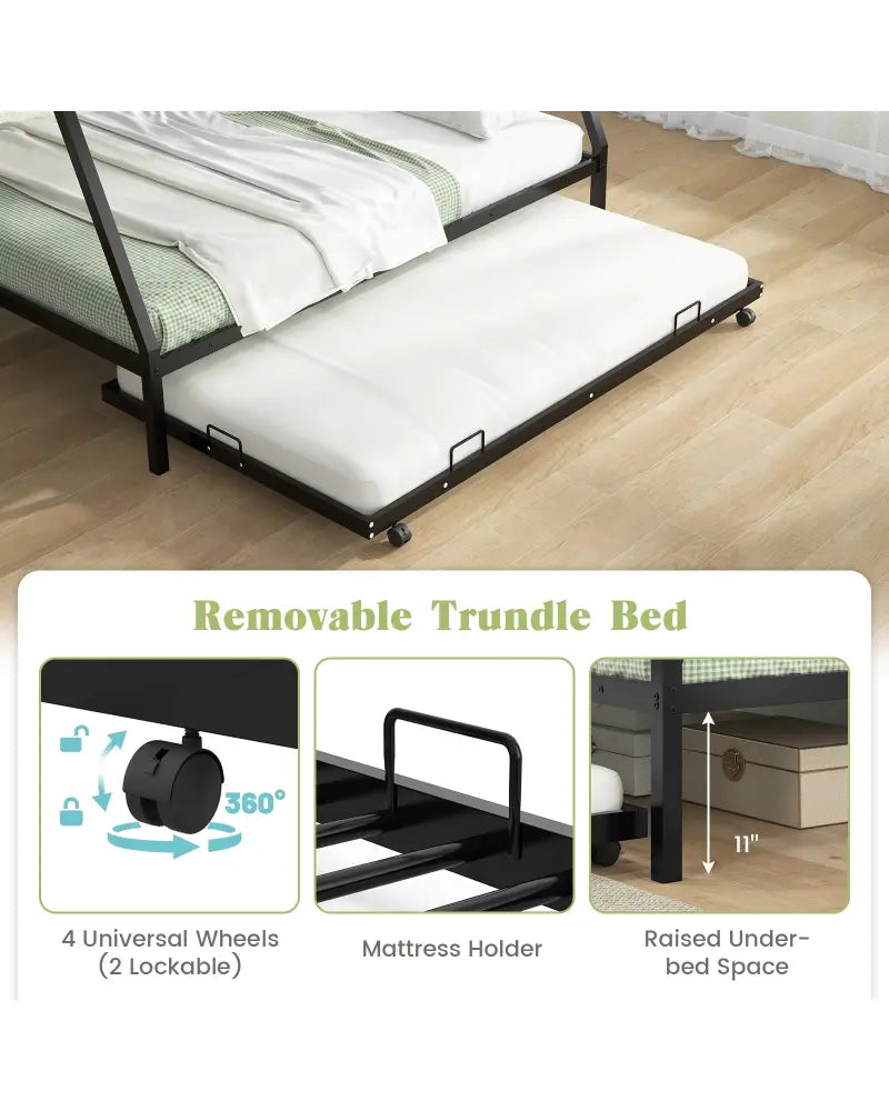 Twin Over Full Bunk Bed Frame with Trundle for Guest Room-Black - Black - Bunk Bed Frame