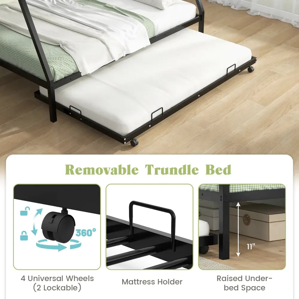 Twin Over Full Bunk Bed Frame with Trundle for Guest Room-Black - Black - Bunk Bed Frame