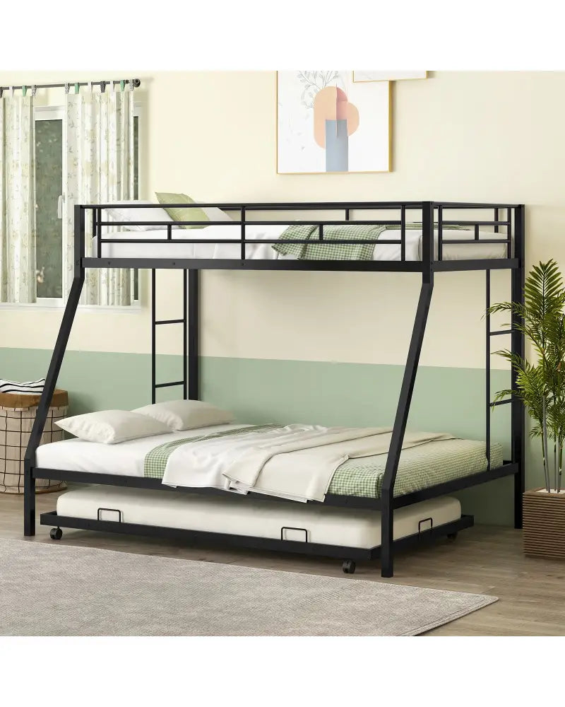 Twin Over Full Bunk Bed Frame with Trundle for Guest Room-Black - Black - Bunk Bed Frame