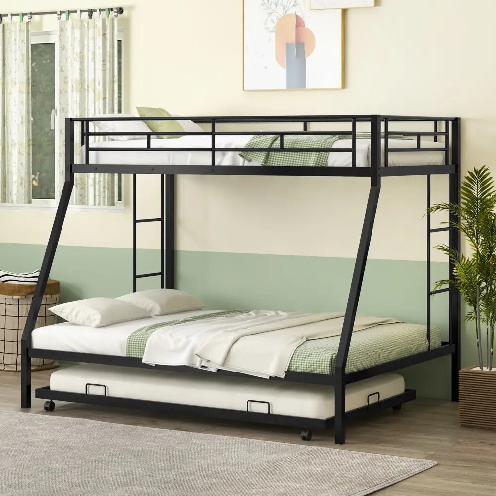 Twin Over Full Bunk Bed Frame with Trundle for Guest Room-Black - Black - Bunk Bed Frame