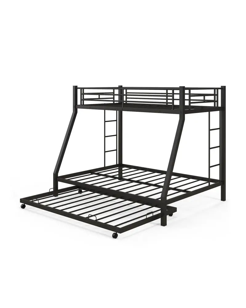 Twin Over Full Bunk Bed Frame with Trundle for Guest Room-Black - Black - Bunk Bed Frame