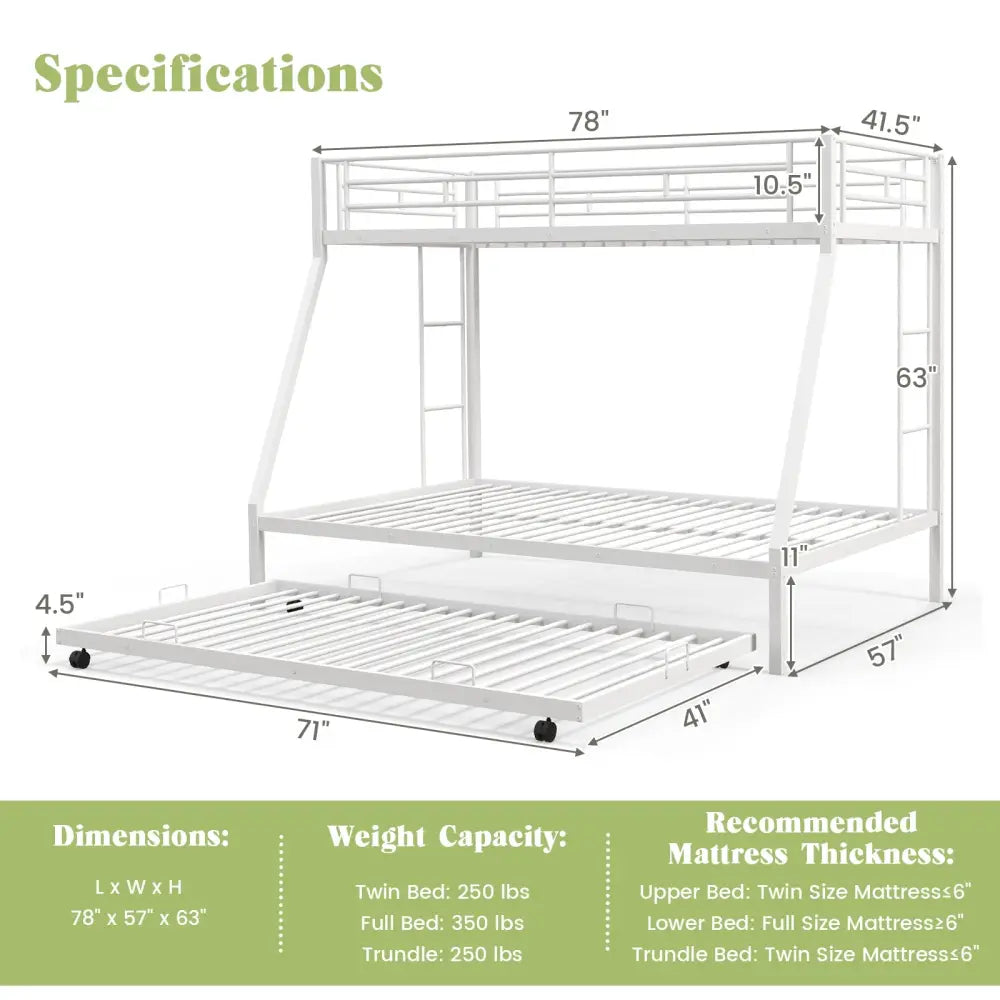 Twin Over Full Bunk Bed Frame with Trundle for Guest Room-White - White - Bunk Bed Frame