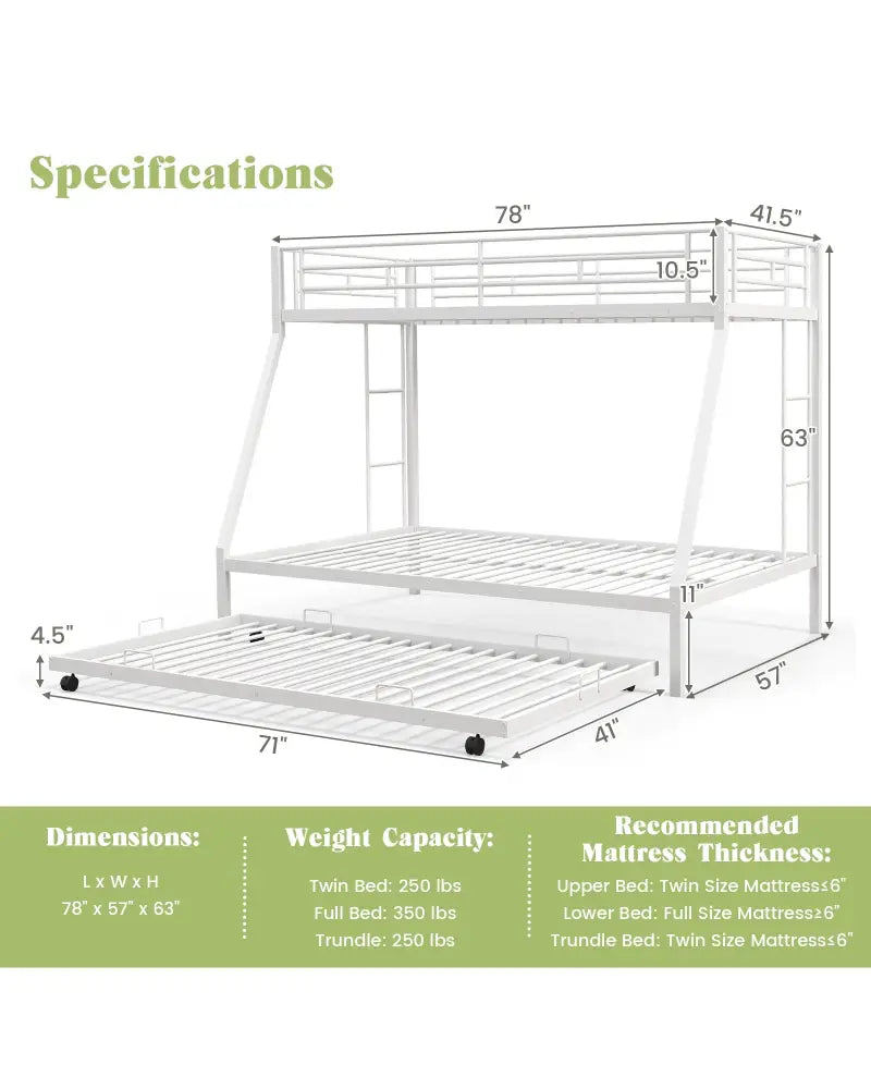 Twin Over Full Bunk Bed Frame with Trundle for Guest Room-White - White - Bunk Bed Frame