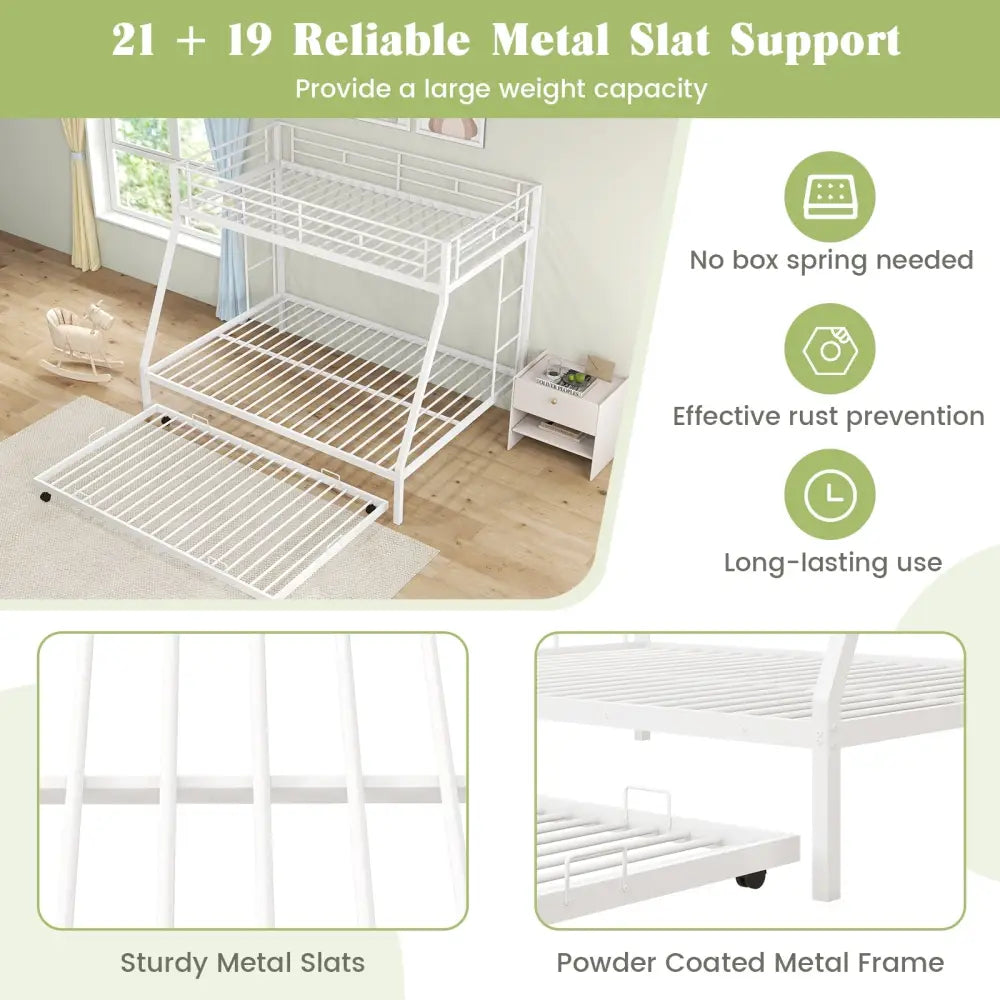 Twin Over Full Bunk Bed Frame with Trundle for Guest Room-White - White - Bunk Bed Frame