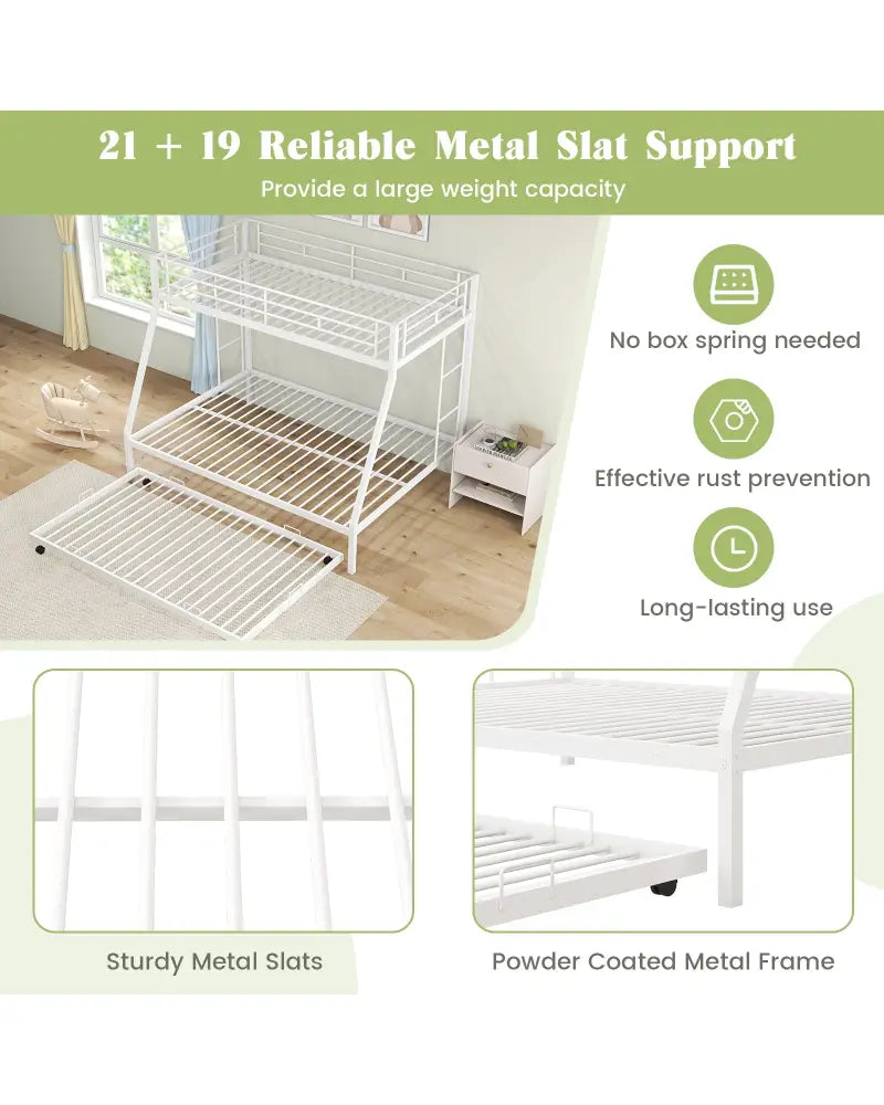 Twin Over Full Bunk Bed Frame with Trundle for Guest Room-White - White - Bunk Bed Frame