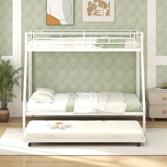 Twin Over Full Bunk Bed Frame with Trundle for Guest Room-White - White - Bunk Bed Frame