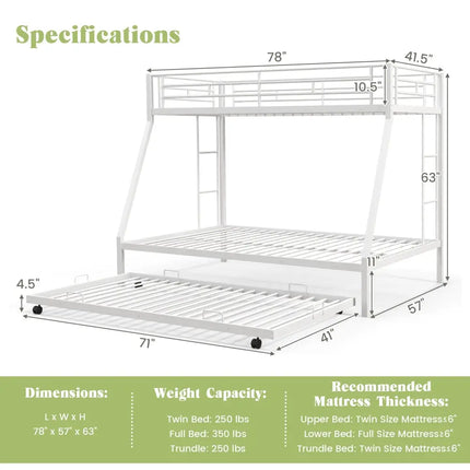 Twin Over Full Bunk Bed Frame with Trundle for Guest Room-White - White - Bunk Bed Frame