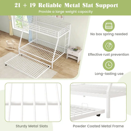 Twin Over Full Bunk Bed Frame with Trundle for Guest Room-White - White - Bunk Bed Frame