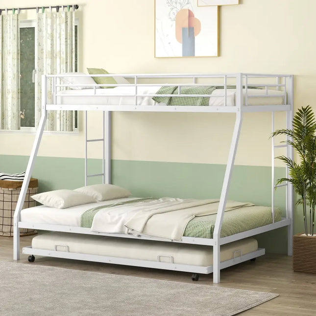 Twin Over Full Bunk Bed Frame with Trundle for Guest Room-White - White - Bunk Bed Frame