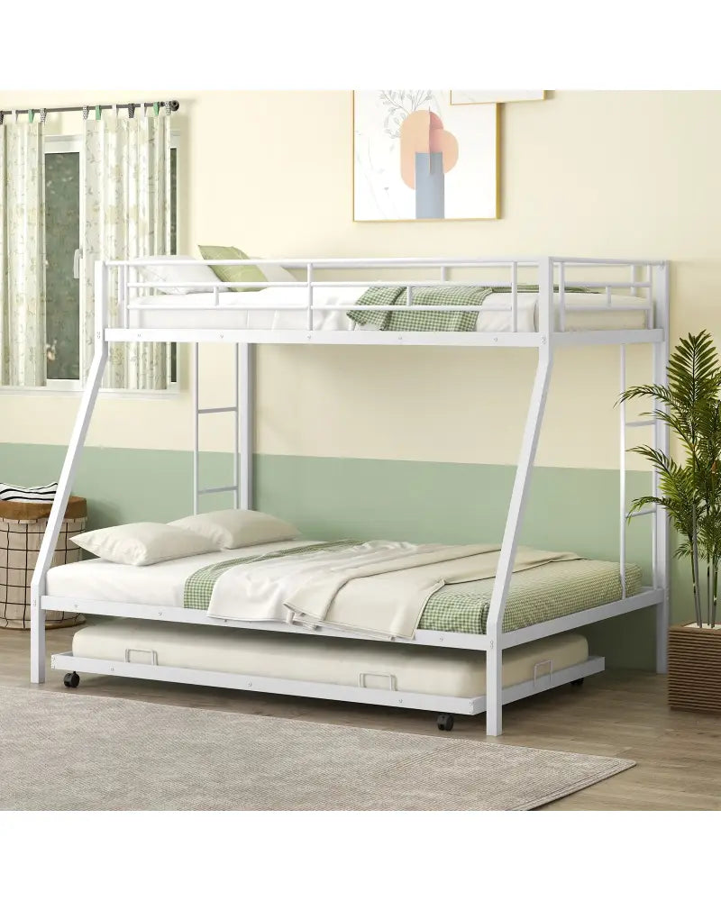Twin Over Full Bunk Bed Frame with Trundle for Guest Room-White - White - Bunk Bed Frame