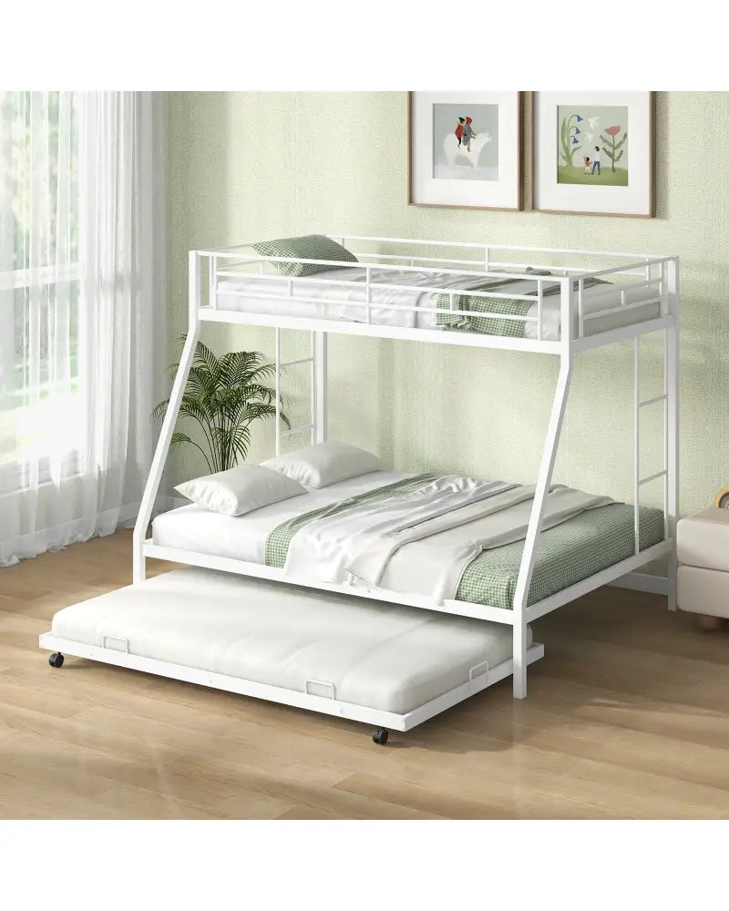 Twin Over Full Bunk Bed Frame with Trundle for Guest Room-White - White - Bunk Bed Frame