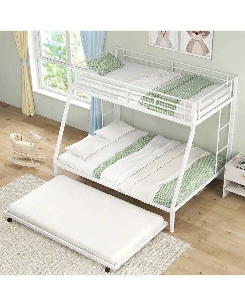 Twin Over Full Bunk Bed Frame with Trundle for Guest Room-White - White - Bunk Bed Frame
