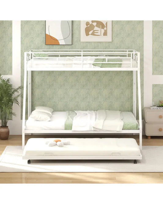 Twin Over Full Bunk Bed Frame with Trundle for Guest Room-White - White - Bunk Bed Frame