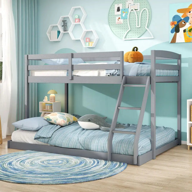 Twin Over Full Bunk Bed Low Floor Bunk Bed Frame-Gray - Gray - Bunk Bed Frame
