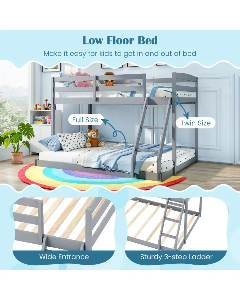 Twin Over Full Bunk Bed Low Floor Bunk Bed Frame-Gray - Gray - Bunk Bed Frame