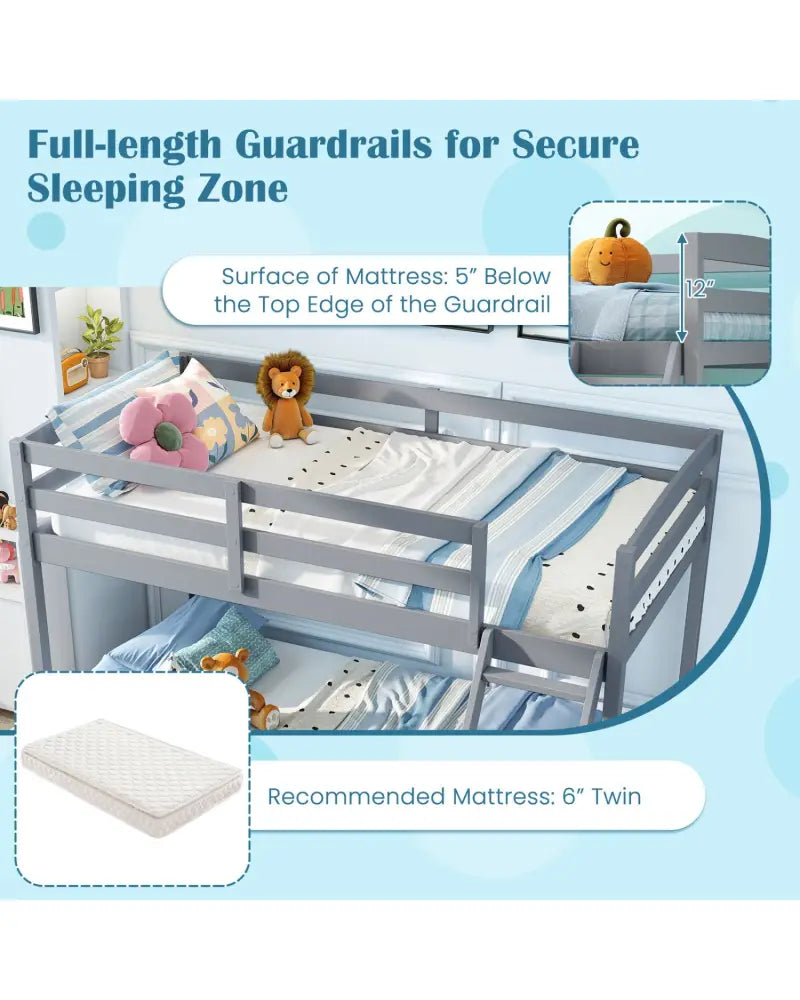 Twin Over Full Bunk Bed Low Floor Bunk Bed Frame-Gray - Gray - Bunk Bed Frame