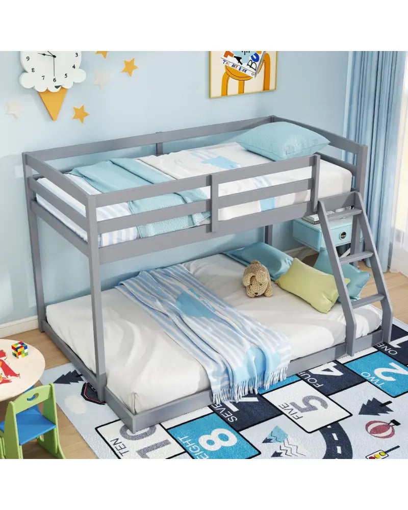 Twin Over Full Bunk Bed Low Floor Bunk Bed Frame-Gray - Gray - Bunk Bed Frame