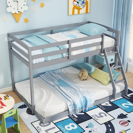Twin Over Full Bunk Bed Low Floor Bunk Bed Frame-Gray - Gray - Bunk Bed Frame