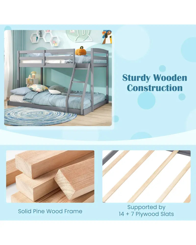 Twin Over Full Bunk Bed Low Floor Bunk Bed Frame-Gray - Gray - Bunk Bed Frame