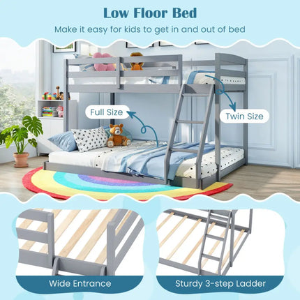 Twin Over Full Bunk Bed Low Floor Bunk Bed Frame-Gray - Gray - Bunk Bed Frame