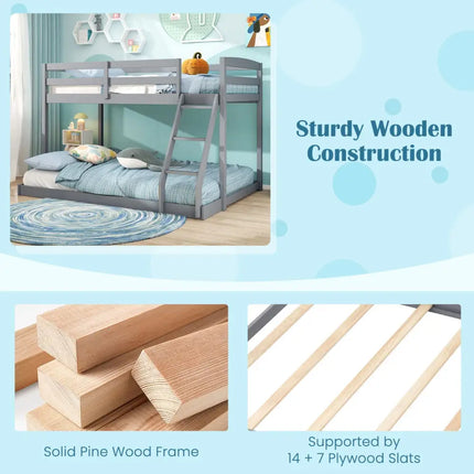 Twin Over Full Bunk Bed Low Floor Bunk Bed Frame-Gray - Gray - Bunk Bed Frame