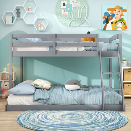 Twin Over Full Bunk Bed Low Floor Bunk Bed Frame-Gray - Gray - Bunk Bed Frame