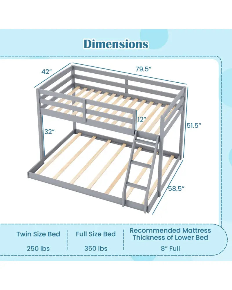 Twin Over Full Bunk Bed Low Floor Bunk Bed Frame-Gray - Gray - Bunk Bed Frame