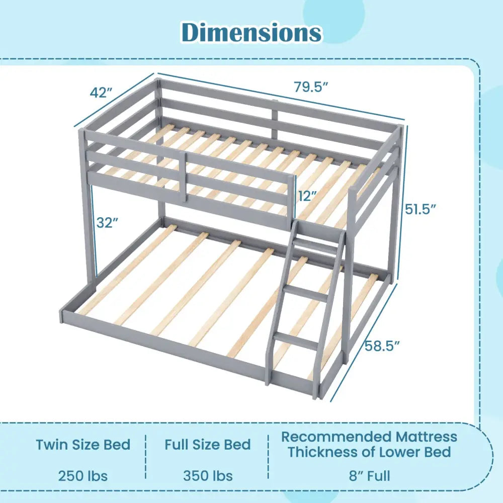 Twin Over Full Bunk Bed Low Floor Bunk Bed Frame-Gray - Gray - Bunk Bed Frame