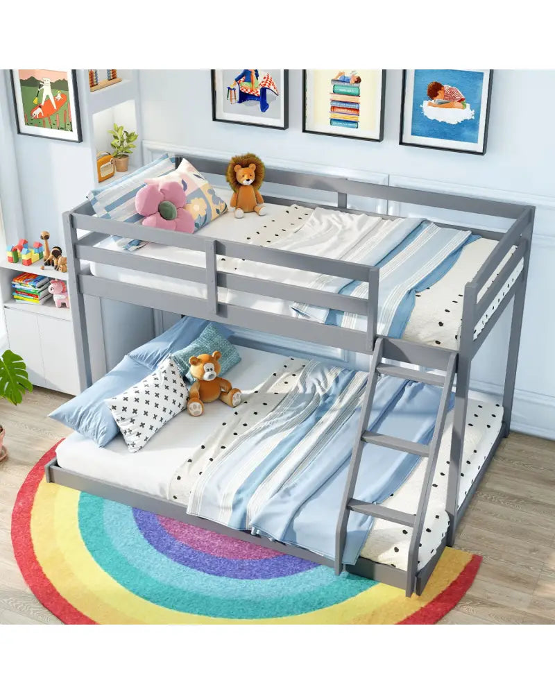 Twin Over Full Bunk Bed Low Floor Bunk Bed Frame-Gray - Gray - Bunk Bed Frame