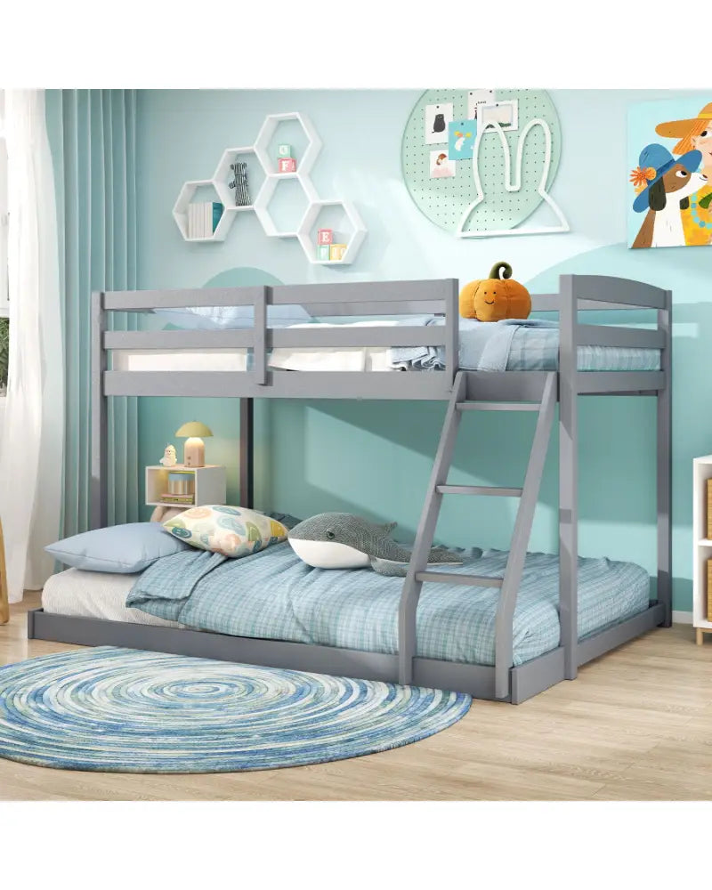 Twin Over Full Bunk Bed Low Floor Bunk Bed Frame-Gray - Gray - Bunk Bed Frame