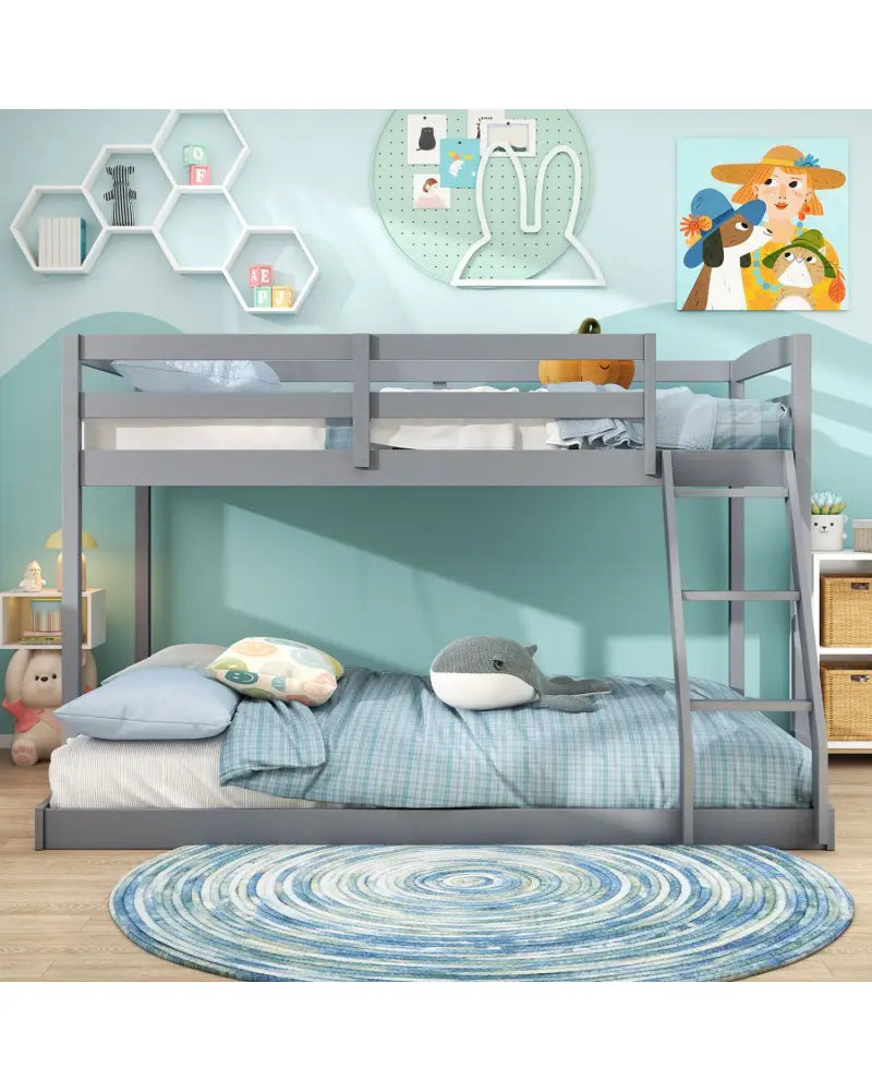 Twin Over Full Bunk Bed Low Floor Bunk Bed Frame-Gray - Gray - Bunk Bed Frame