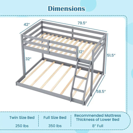 Twin Over Full Bunk Bed Low Floor Bunk Bed Frame-Gray - Gray - Bunk Bed Frame