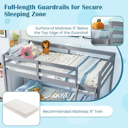 Twin Over Full Bunk Bed Low Floor Bunk Bed Frame-Gray - Gray - Bunk Bed Frame
