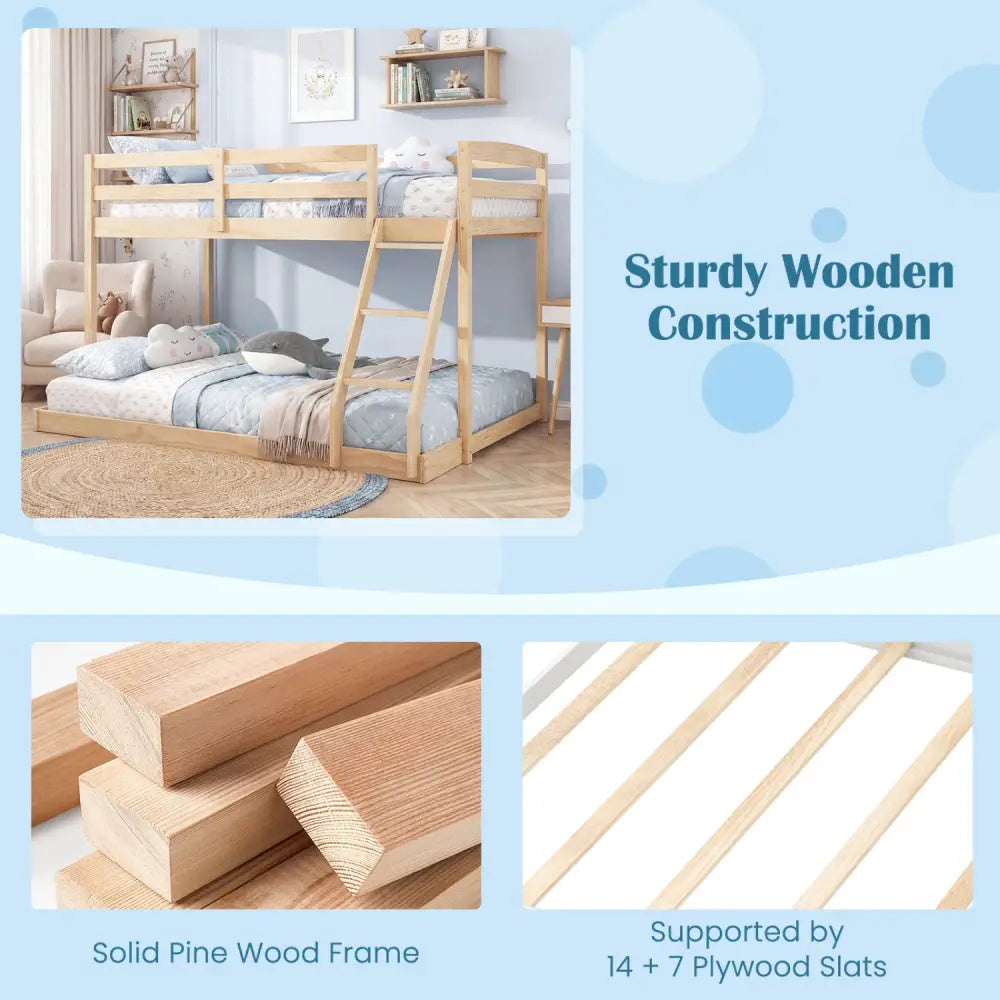 Twin Over Full Bunk Bed Low Floor Bunk Bed Frame-Natural - Natural - Bunk Bed Frame