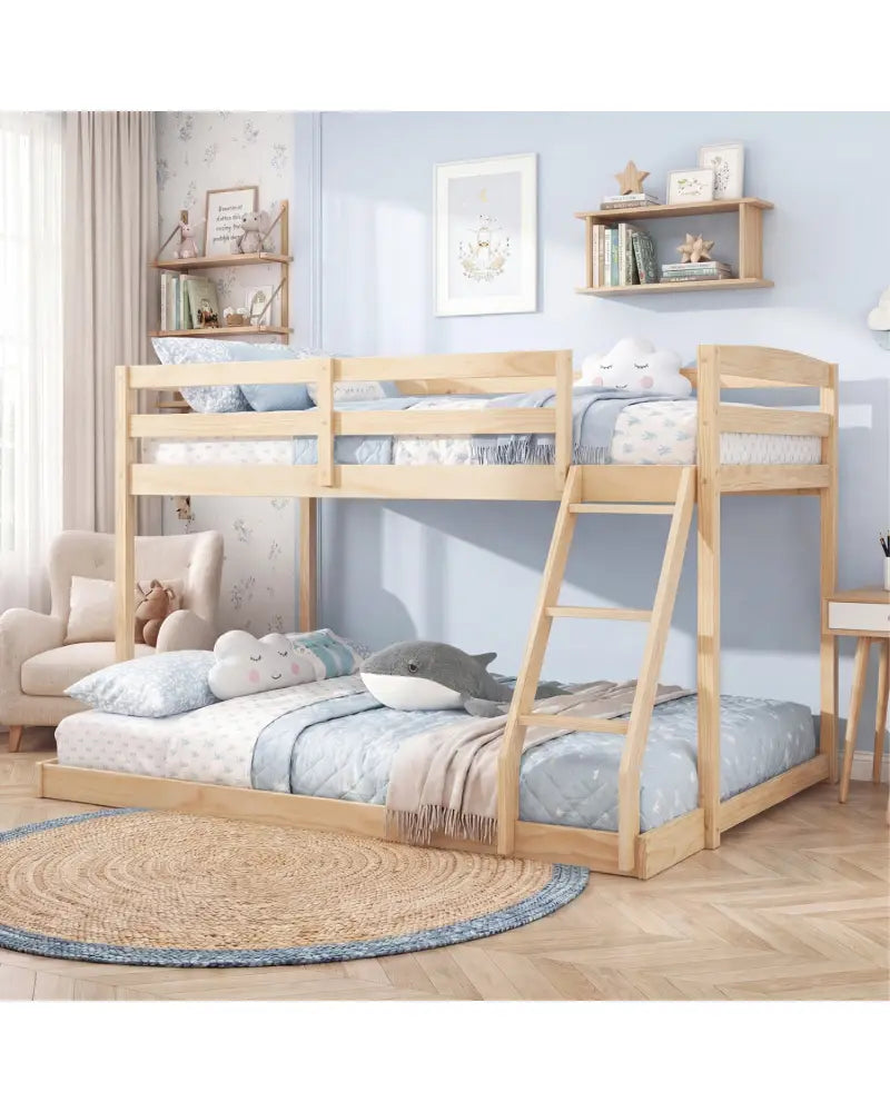Twin Over Full Bunk Bed Low Floor Bunk Bed Frame-Natural - Natural - Bunk Bed Frame