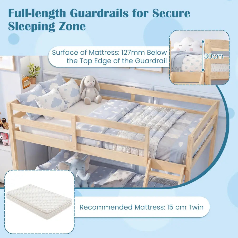 Twin Over Full Bunk Bed Low Floor Bunk Bed Frame-Natural - Natural - Bunk Bed Frame
