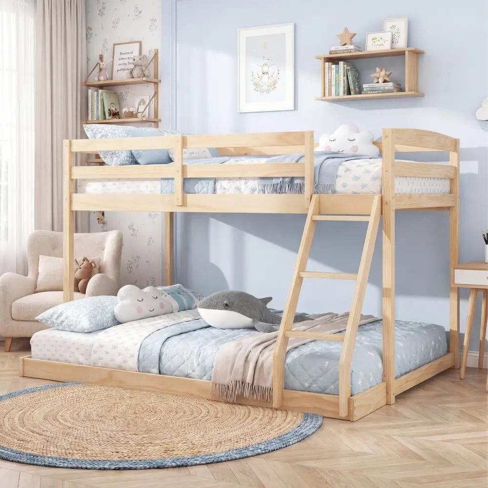 Twin Over Full Bunk Bed Low Floor Bunk Bed Frame-Natural - Natural - Bunk Bed Frame