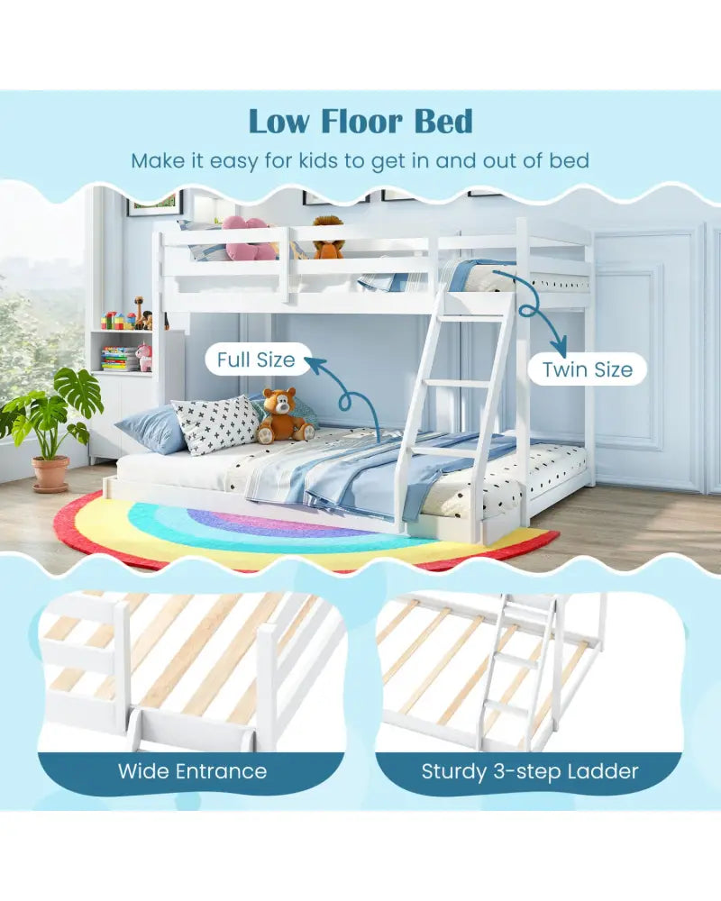 Twin Over Full Bunk Bed Low Floor Bunk Bed Frame-White - White - Bunk Bed Frame