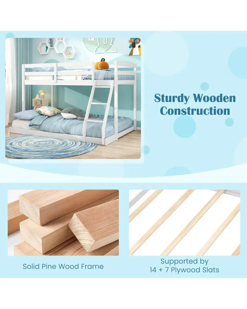 Twin Over Full Bunk Bed Low Floor Bunk Bed Frame-White - White - Bunk Bed Frame