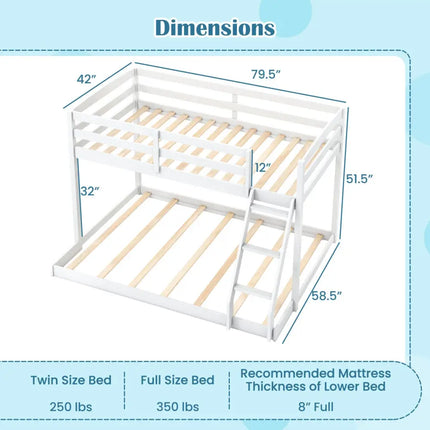 Twin Over Full Bunk Bed Low Floor Bunk Bed Frame-White - White - Bunk Bed Frame