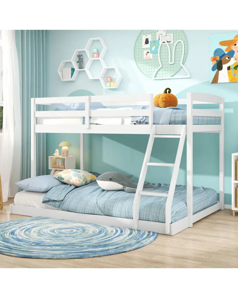 Twin Over Full Bunk Bed Low Floor Bunk Bed Frame-White - White - Bunk Bed Frame