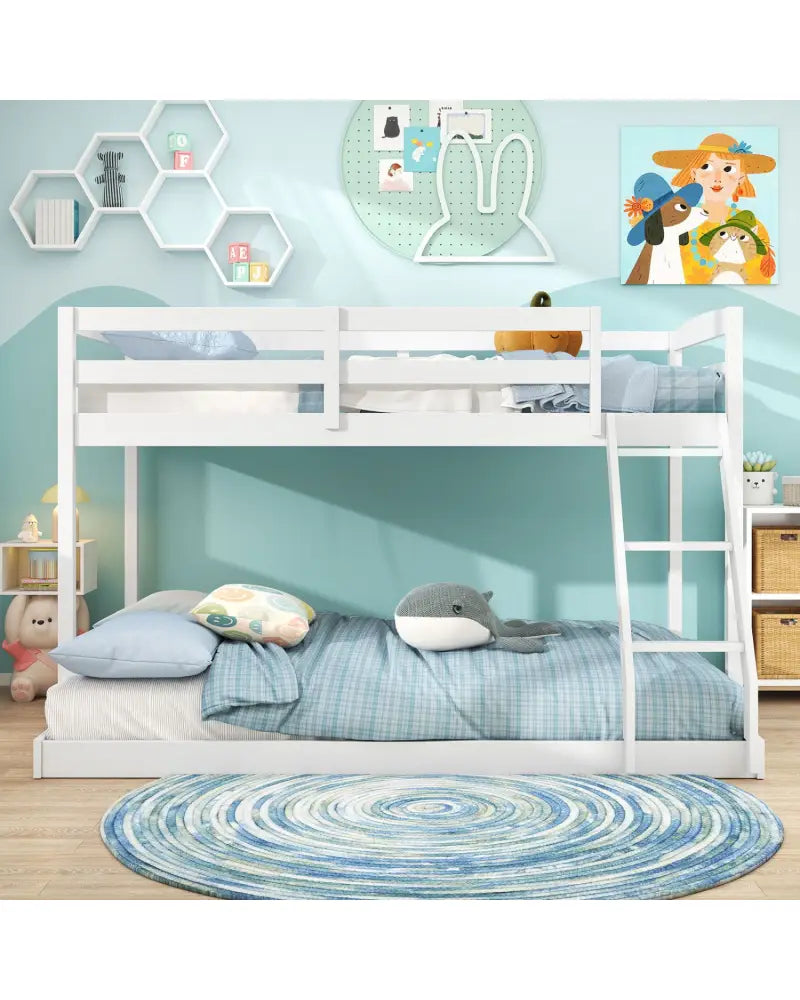 Twin Over Full Bunk Bed Low Floor Bunk Bed Frame-White - White - Bunk Bed Frame