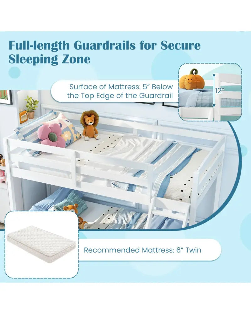 Twin Over Full Bunk Bed Low Floor Bunk Bed Frame-White - White - Bunk Bed Frame
