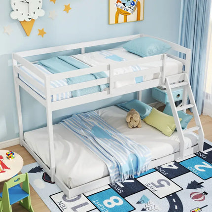 Twin Over Full Bunk Bed Low Floor Bunk Bed Frame-White - White - Bunk Bed Frame