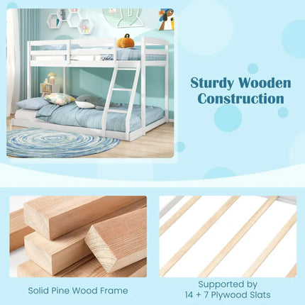 Twin Over Full Bunk Bed Low Floor Bunk Bed Frame-White - White - Bunk Bed Frame
