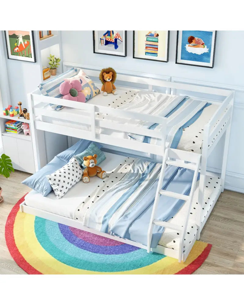 Twin Over Full Bunk Bed Low Floor Bunk Bed Frame-White - White - Bunk Bed Frame