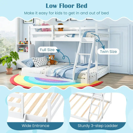 Twin Over Full Bunk Bed Low Floor Bunk Bed Frame-White - White - Bunk Bed Frame